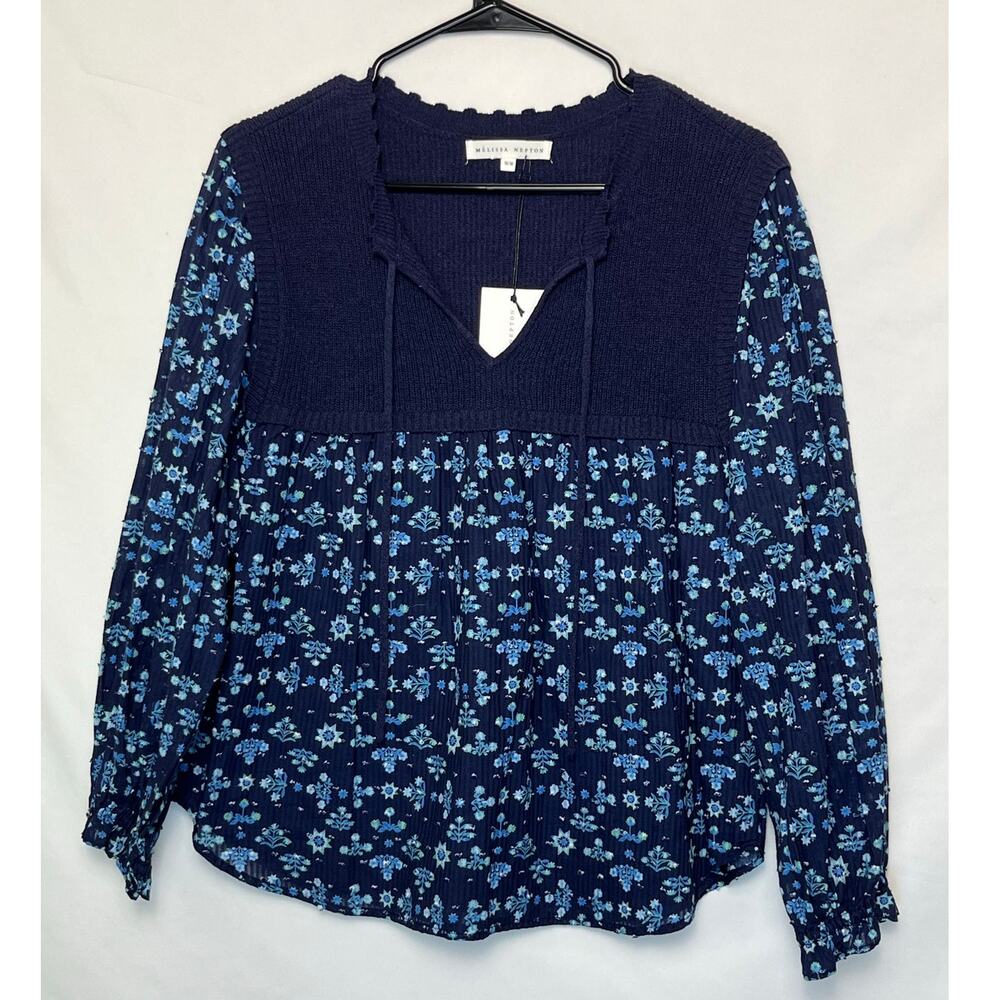 NWT Melissa Nepton Women's M Blue Calvin Mixed Media Floral Print Sweater Top